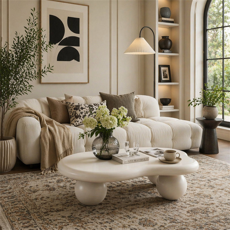 Table basse de 40 pouces en forme de nuage avec 3 pieds sphériques pour le salon, Cream White, 11.7" H x 40" L x 26.8" W