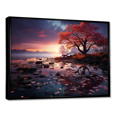 Red Tree Enchanted Evening Over The Lake - Lake Wall Art Print
