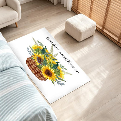 Yellow Machine Washable,Watercolor Basket with Wildflowers Indoor Area Rug