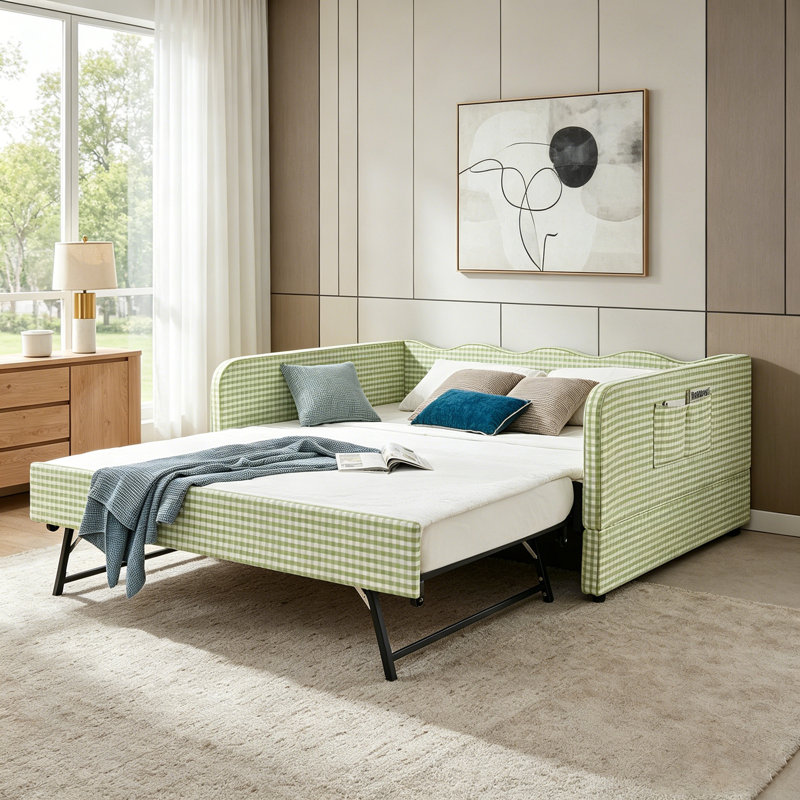 Daybed, Gingham Upholstered 3-in-1 Versatile Convertible Sofa Bed with Pull-Out Trundle & Side Storage Pockets, Ideal for Multiple Room Layouts and Small-Space Living