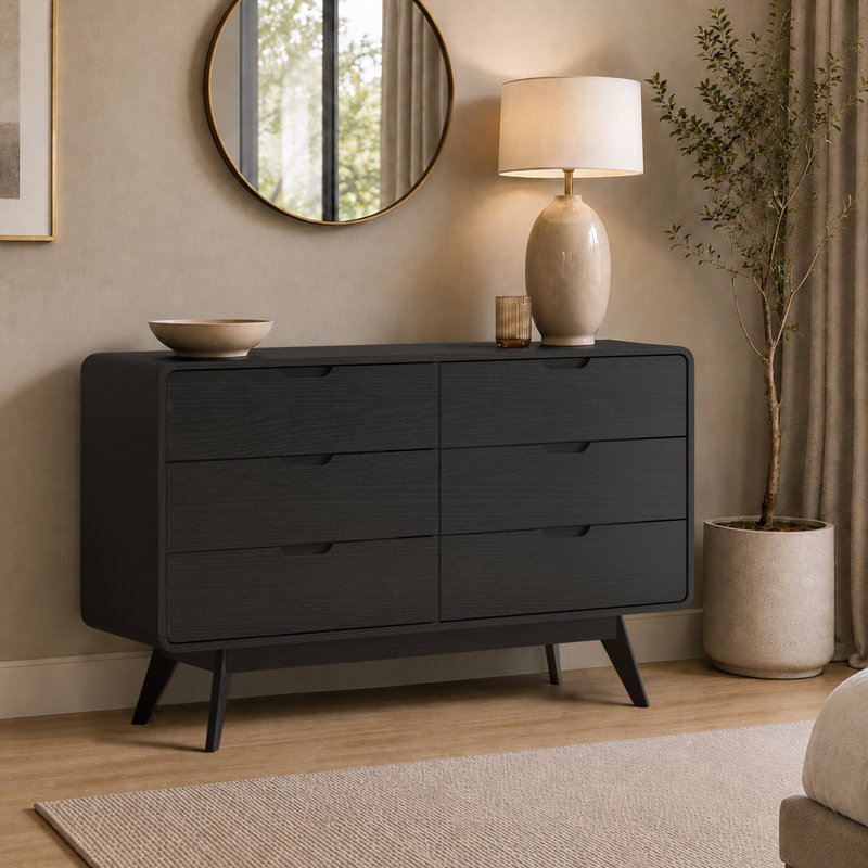 Commode 6 tiroirs double l 47,2 po avec bords arrondis, commode de chambre à coucher, commode en bois, Noir