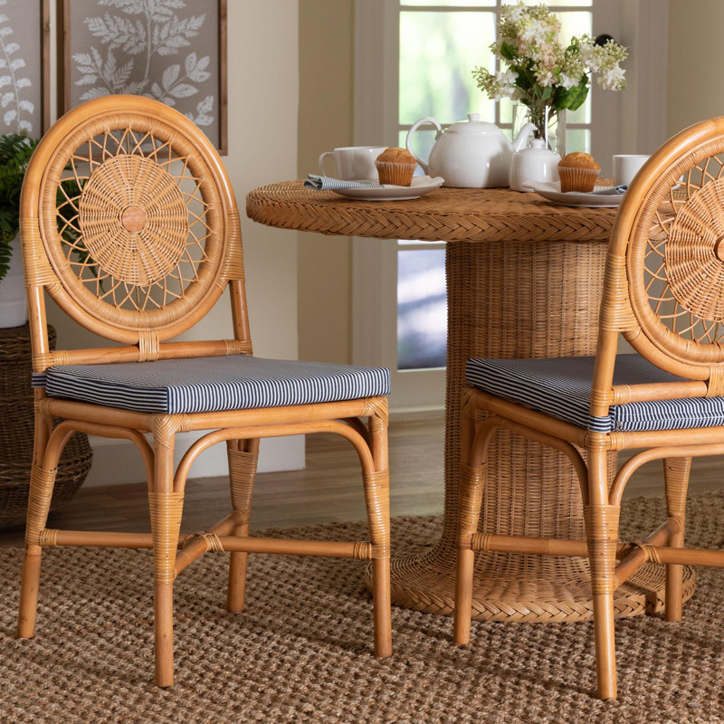 Chaise de salle à manger en rotin naturel Bali & Pari avec coussin - Siège d'appoint bistro en osier tressé à la main avec dossier en forme de soleil
