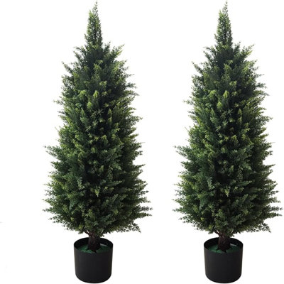 2 Pack 37 Inch Artificial Cedar Topiary Trees For Outdoor Front Porch Décor - UV Rated Fake Plants For Indoor And Outdoor Use, Potted Shrubs For Front Door, Office