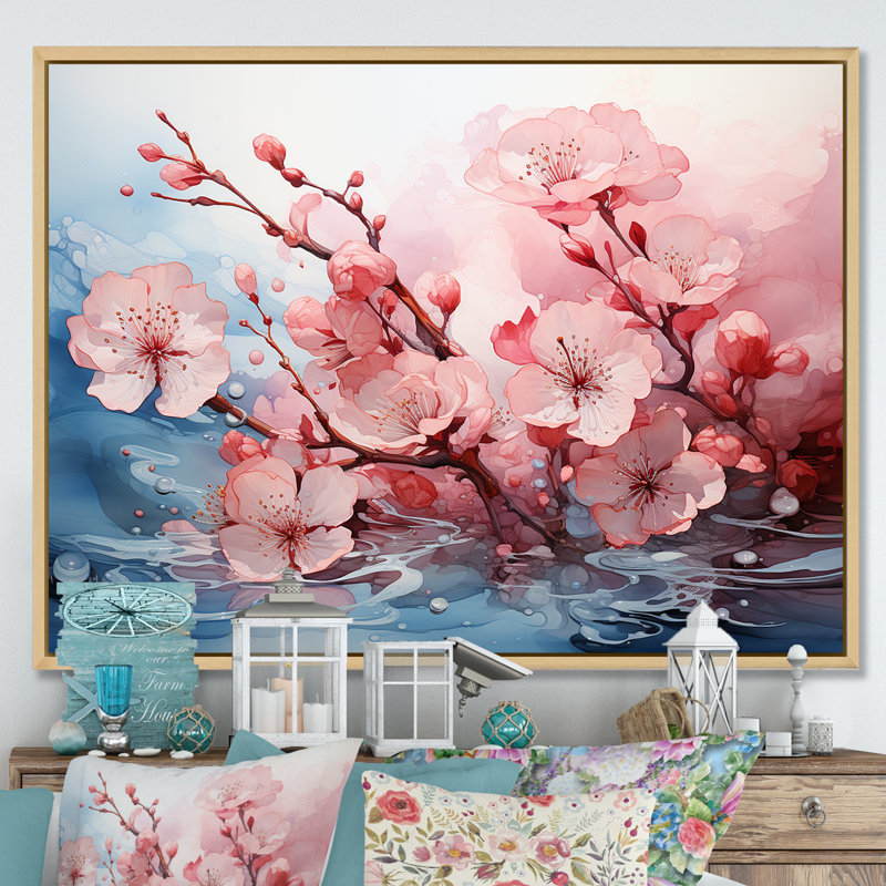 Cerisier blanc et rose Bloom VI - art mural cerise, Cadre flottant brun, H 30 po x l 40 po x P 1,5 po