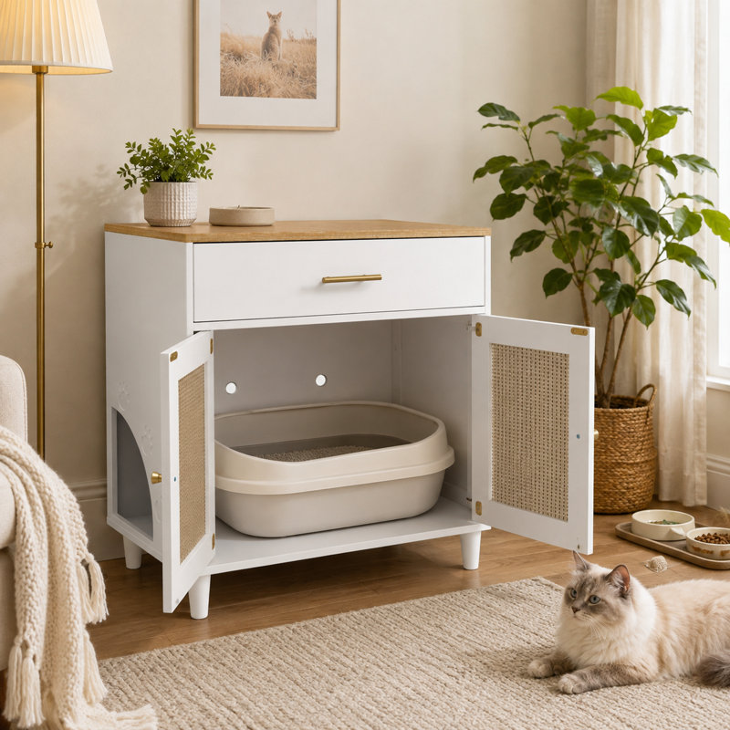 Bac à litière avec tiroir de rangement, portes à griffer en sisal et entrée pour chat, blanc