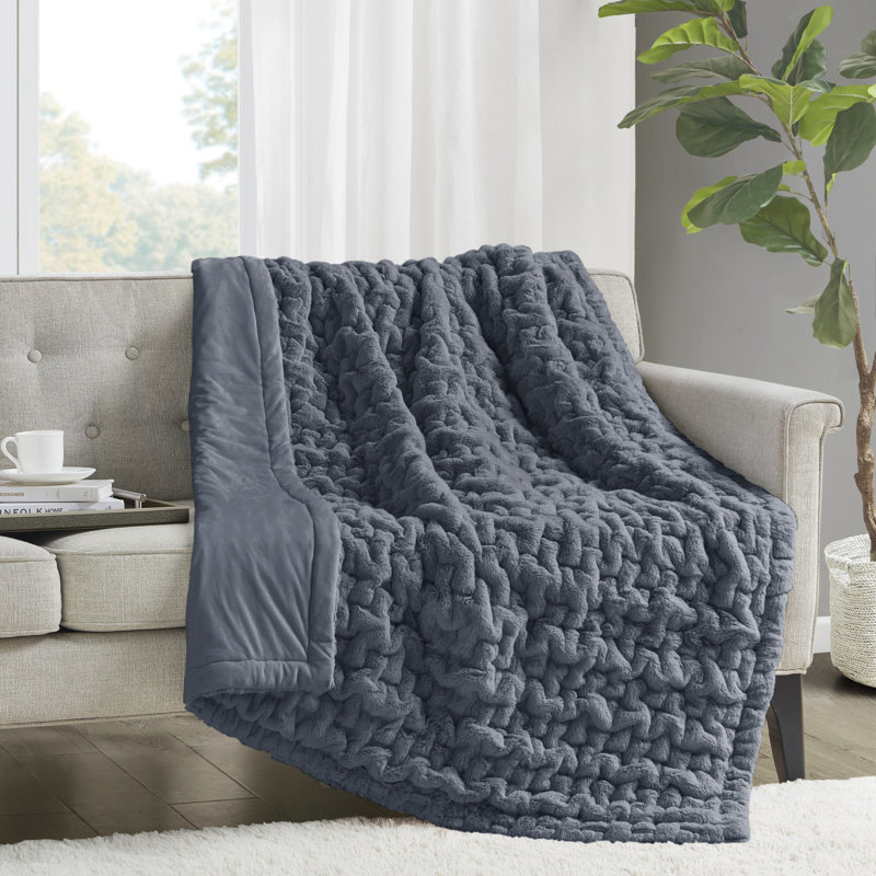 Slate Blue Ruched Faux Fur & Mink Reversible Throw, 50"x60"
