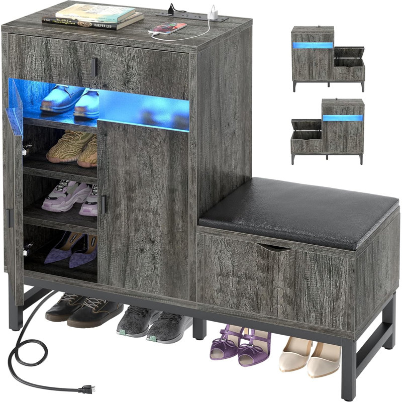 12 Pair Shoe Storage Cabinet, Gray Oak/Black