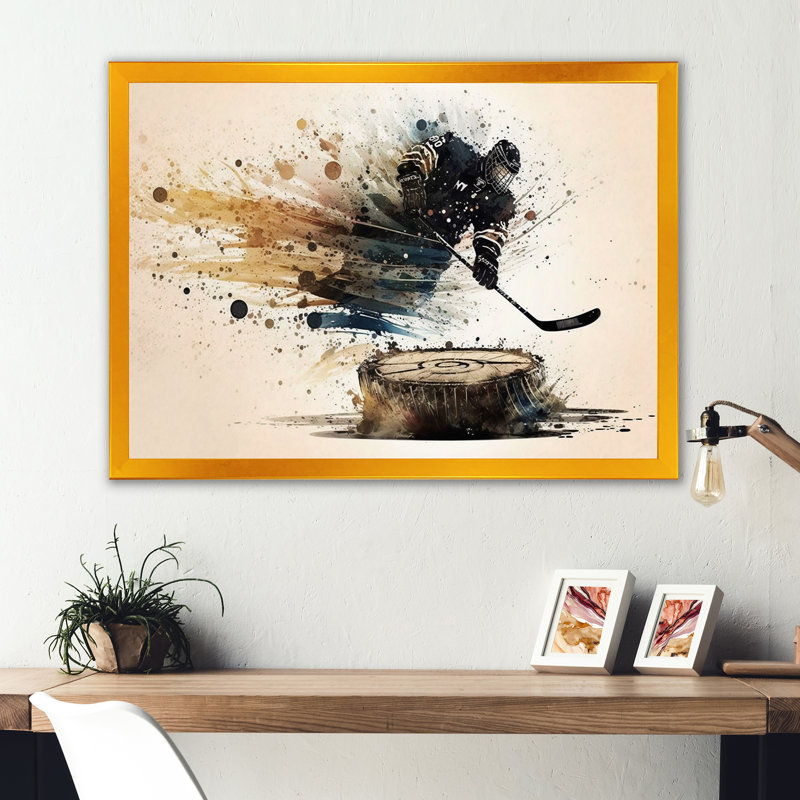 Joueur de hockey frappant une rondelle, Impression dorée sur toile encadrée, H 30 po x l 40 po x P 1,5 po