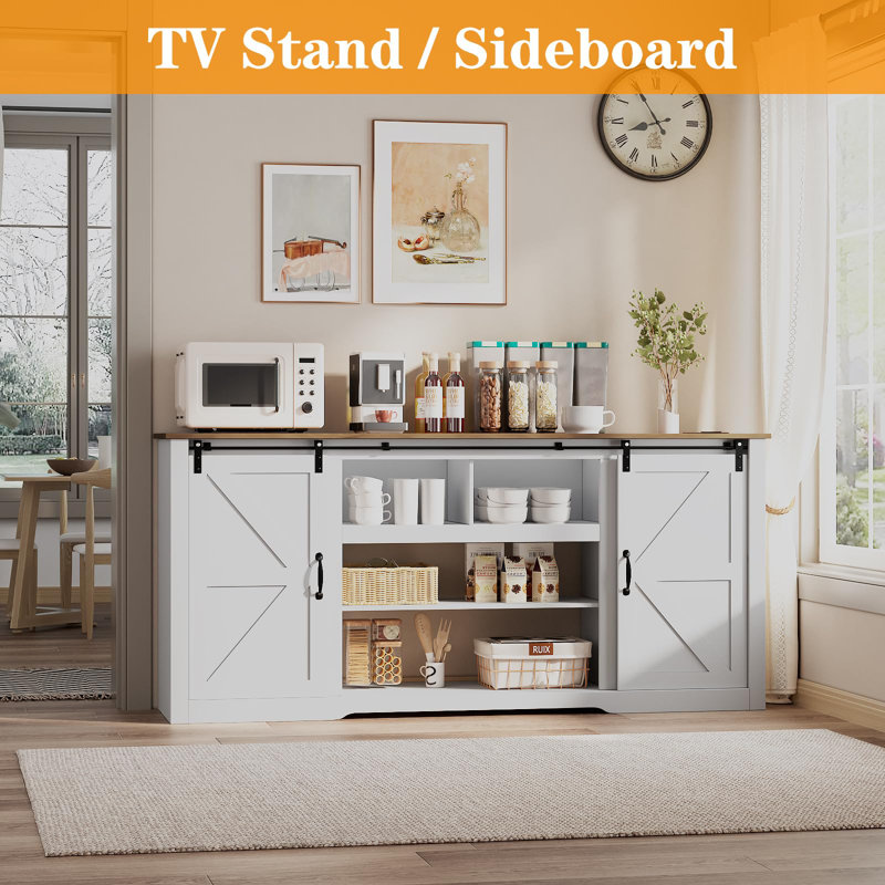 70-Inch Brown Farmhouse TV Stand for 80 Inch TV Entertainment Center with Sliding Barn Doors Adjustable Storage Shelves Media Console for Living Room