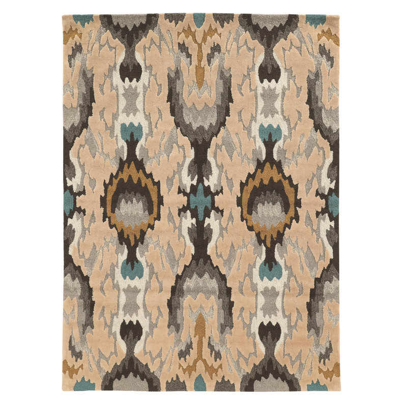 Tapis beige / noir touffeté à la main Mehcad Ikat, Rectangle de 5 pi x 7 pi