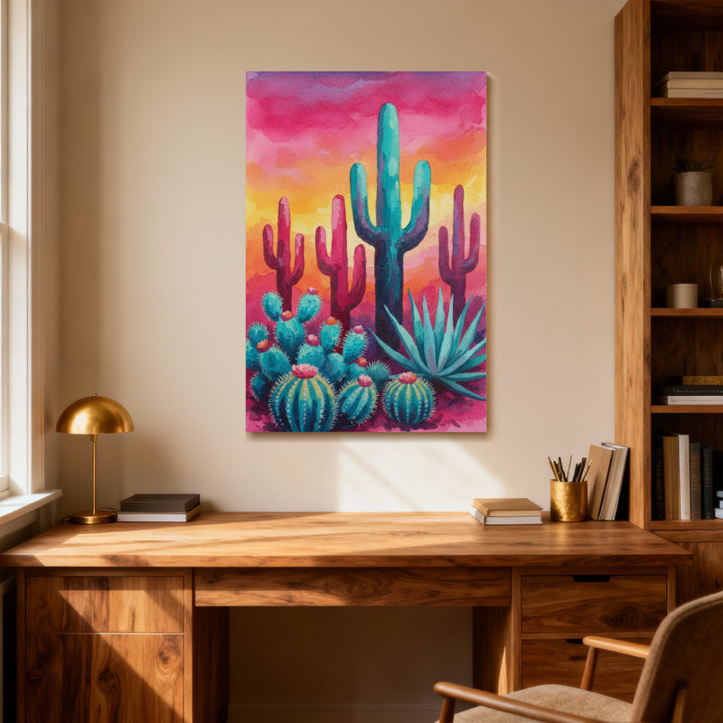 «Plants & Flowers Vibrant Cactus Desert Sunset», reproduction d'art, H 30 po x l 20 po