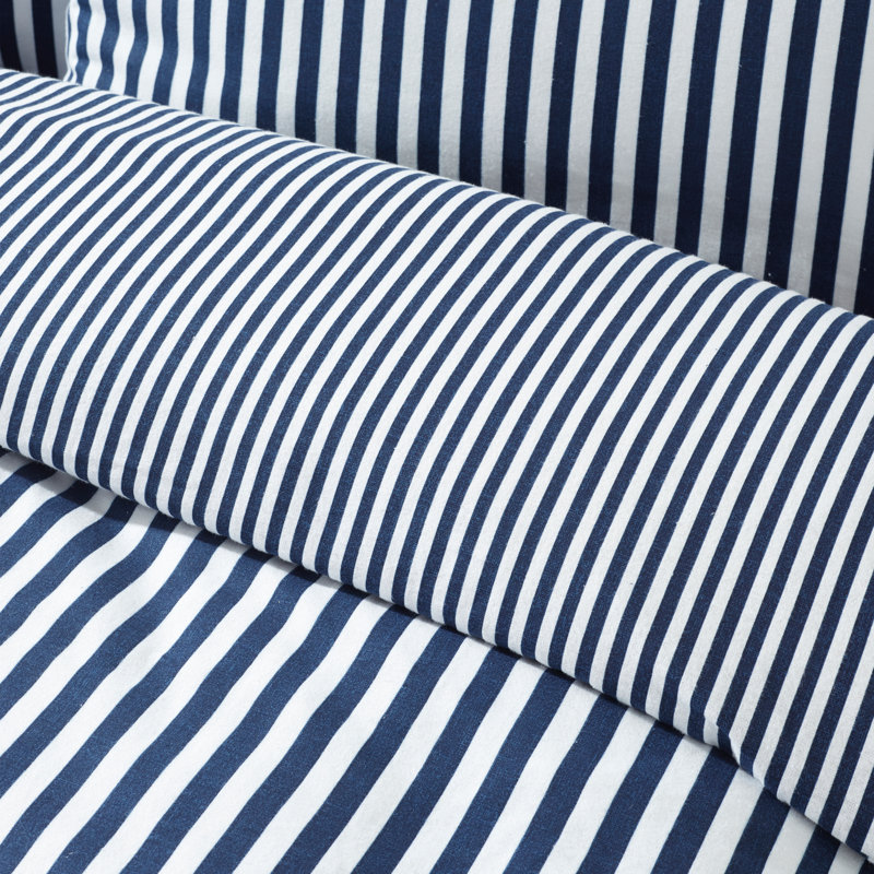Brushed Stripe Cotton Reversible Duvet Cover Set, Navy Blue, Double Duvet Cover + 2 Standard Pillowcases