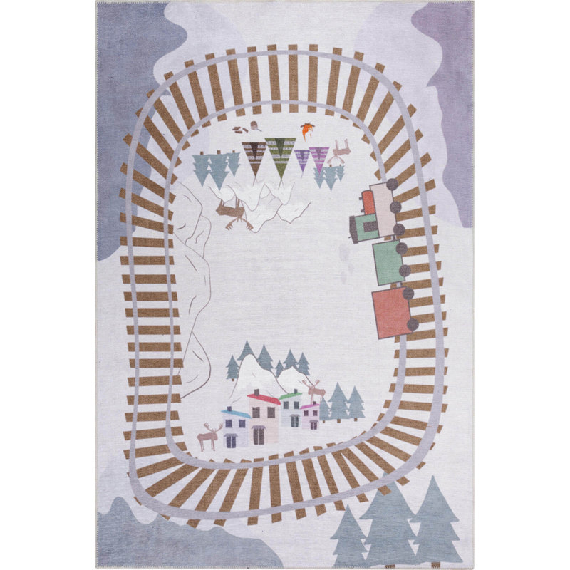 Tapis gris à motif de voie ferrée pour enfants, Rectangle 7 pi 7 po x 10 pi 10 po