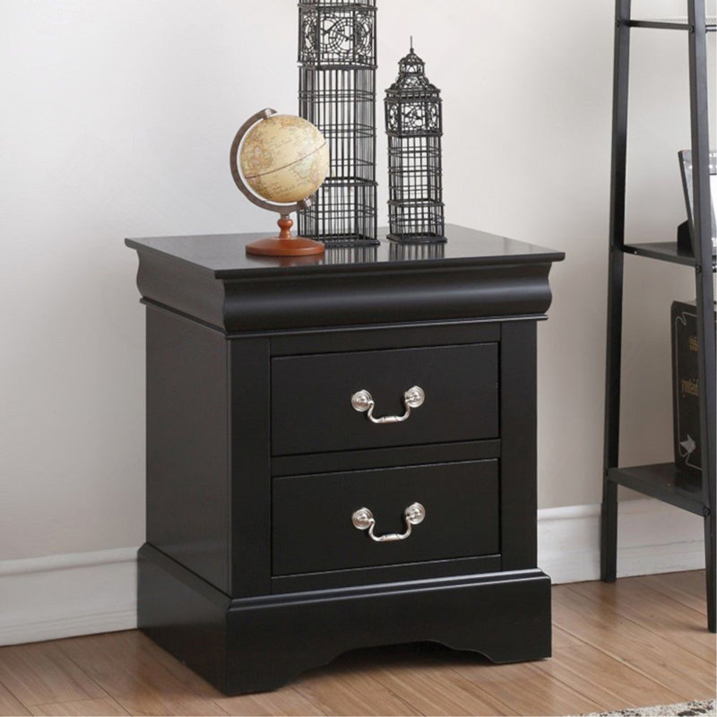 2 Drawers Wooden Nightstand In Black Finish, Black