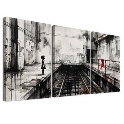 Ensemble de 3 toiles murales représentant une jeune fille sur un quai de métro abandonné avec un foulard rouge
