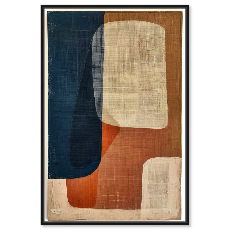 Art mural abstrait bleu et crème II Mid-Century par Art Remedy, Cadre noir, H 46 po x l 31 po