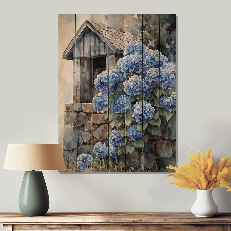 Hydrangées par la ferme, puits I - Art mural en bois d'hortensias - sur bois de pin naturel, H 20 po x l 10 po x P 0,78 po