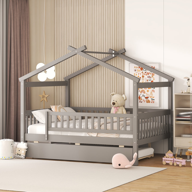 Lit en bois avec lit gigogne simple, Gris
