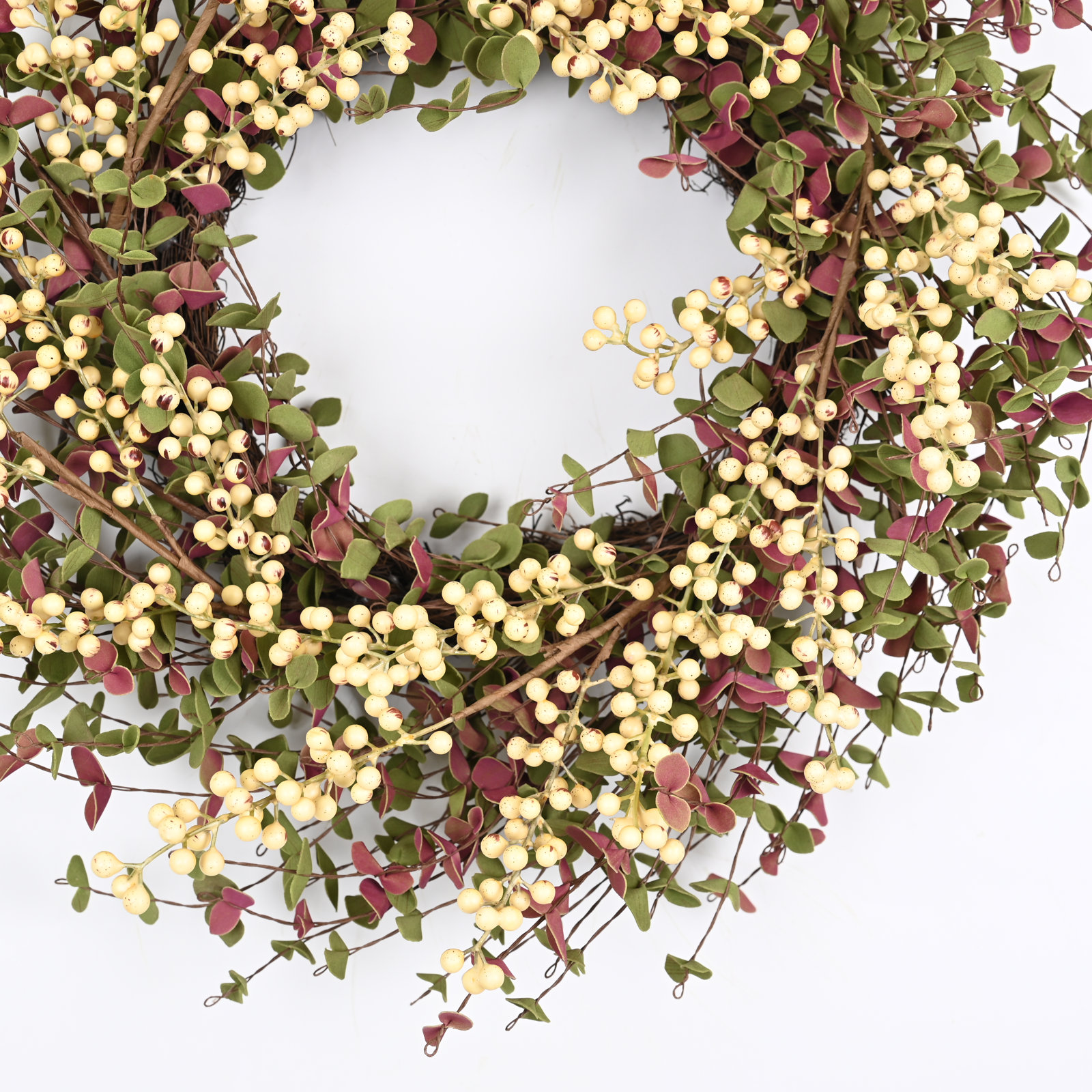 Artificial Farmhouse Blossoms Cluster Greenery Mini Eucalyptus Berry Thanksgiving Day Fall Wreath For Front Door, Cream/Green
