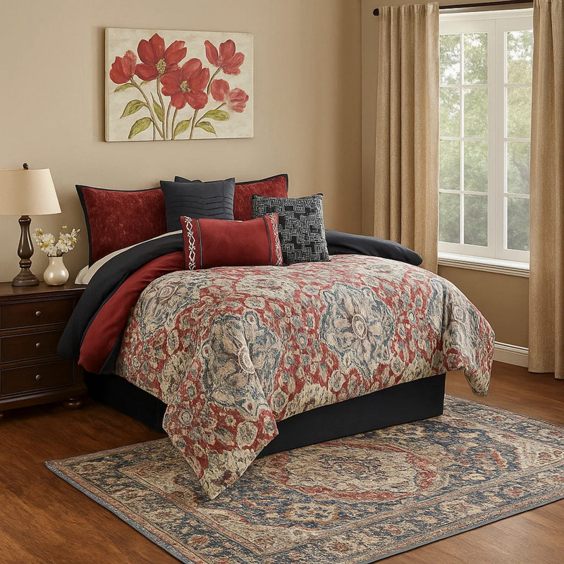 Red/Gray Microfiber Comforter Set, Queen Comforter + 8 Additional Pieces