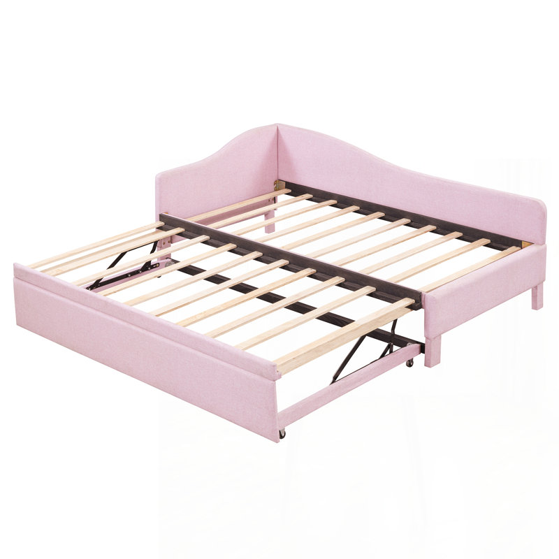 Twin Size Upholstered L-Shaped Upholstered Daybed with Pop Up Trundle, Pink, Pink