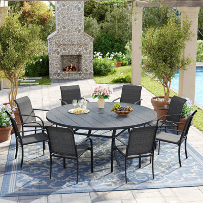 8-Person Round Patio Dining Set with 60" Dining Table and 8 Stackable PVC-coated polyester Chairs