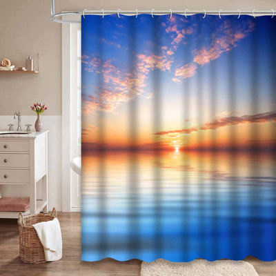 Bright Sky Water Sundown Sunset Orange Blue Sun Ocean Sea Evening Shower Curtain with 12 Hooks