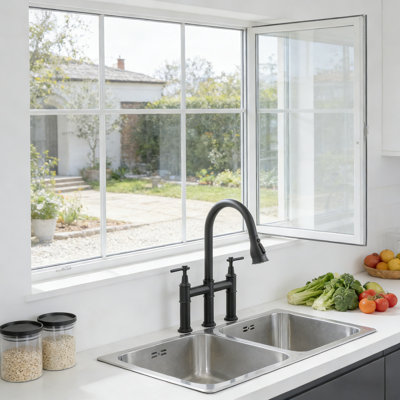 2-Handle Bridge Kitchen Faucet With Pull Down Sprayer