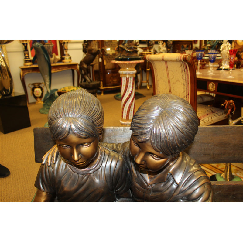 Kids Reading a Book on a Bench Bronze Statue -  Size: 23"L x 38"W x 37"H. 