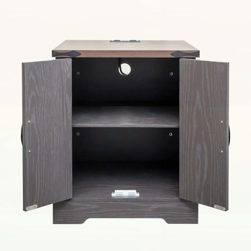 Rustic Wood Nightstand with Adjustable Shelf,with Charging Station, Grey/Deep Walnut