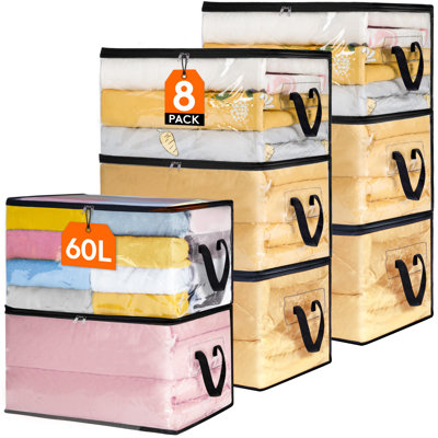 8 Pack Clear Clothes Storage Bags, 60L Plastic Blanket Storage Bags, Vinyl Foldable Moving Bags With Zipper, Closet Organizers And Storage Containers For Bedding, Duvet, Pillow