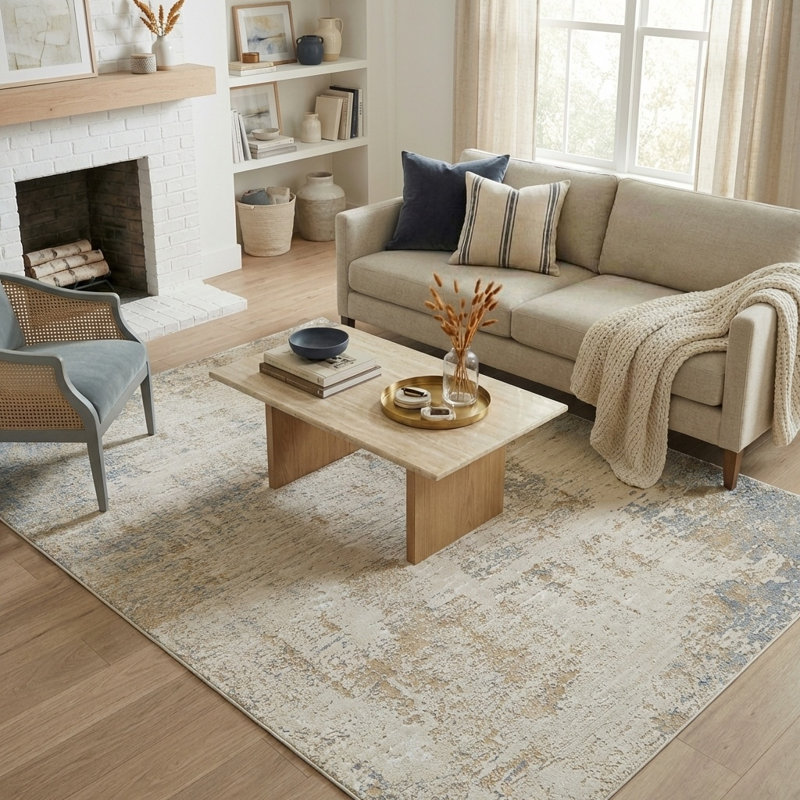 Tapis intérieur moderne abstrait beige / bleu pierre Kwamane, Rectangle 10 pi x 14 pi 1 po