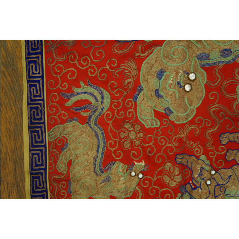 Vintage Mid Century Red Color Silk Foo Dog Design Chinese Textile