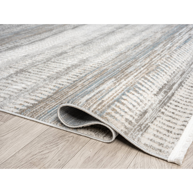 Tapis contemporain abstrait crème / bleu Gionata Collection, Rectangle 7 pi x 10 pi 10 po