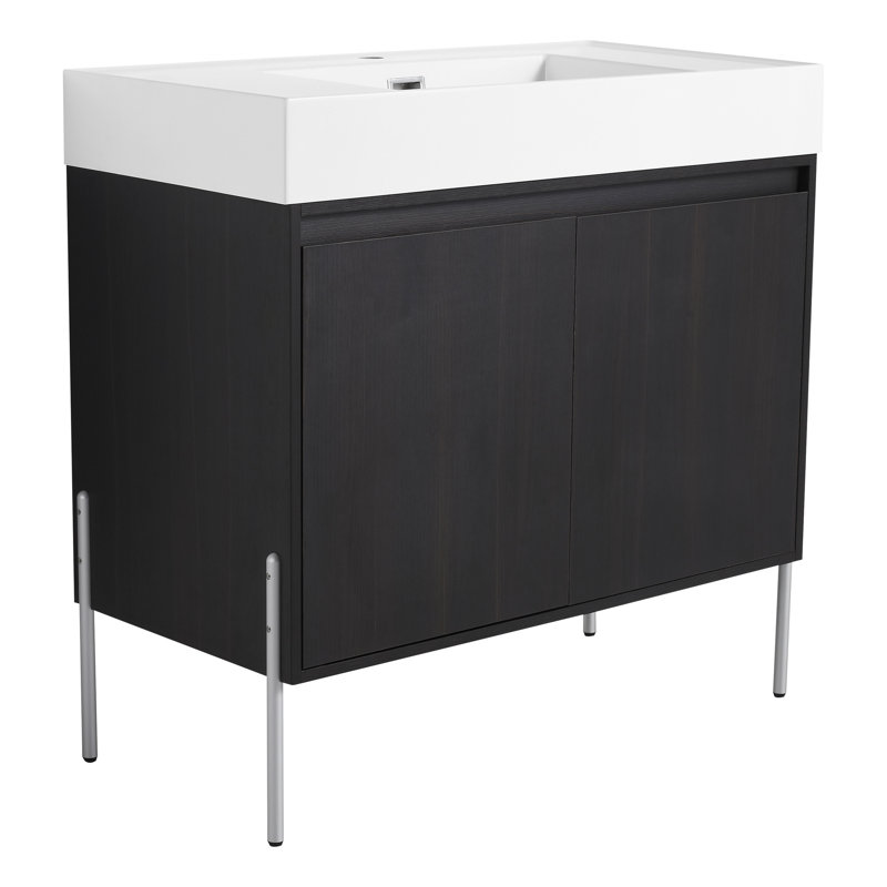 Meuble-lavabo 36 po avec lavabo en résine et base en contreplaqué de chêne foncé autoportant moderne - Qualité