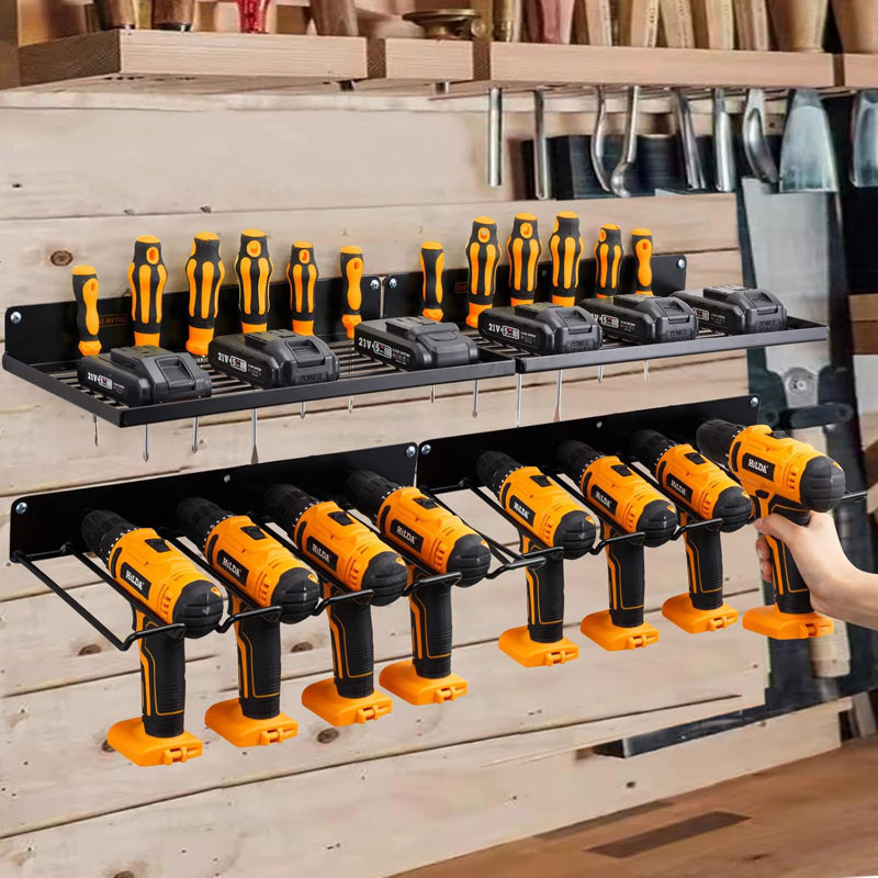 Organisateur d'outils électriques avec station de charge, support mural pour perceuse, ensemble de 4 panneaux perforés robustes en métal noir