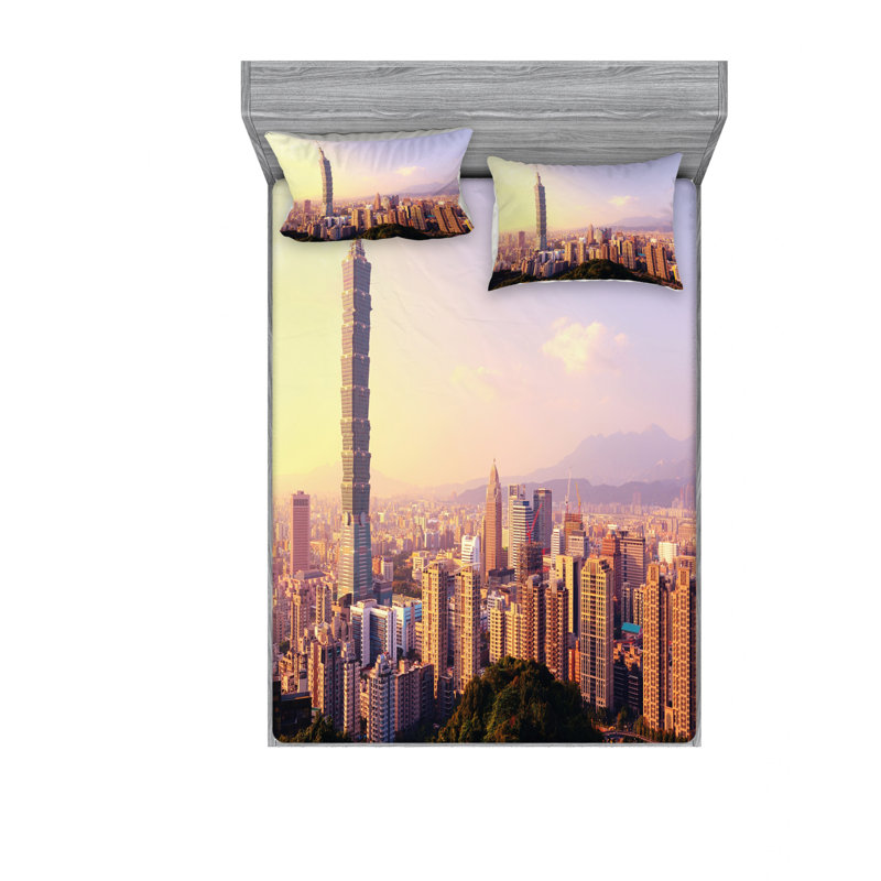 Ensemble de draps Evening Skyline of Taipei, Ensemble de drap pour grand lit avec drap-housse