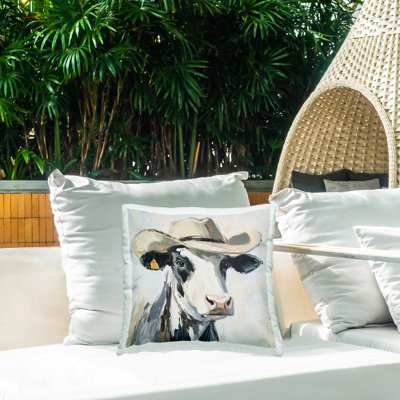 Coussin extérieur Cowboy Carl Cow, imprimé par Tina LeCour, 18 x 7 x 18