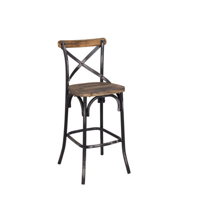 Antique Black & Oak Bar Chair - High Fashionable Style, Vintage Industrial Walnut Wooden Seat, Metal Wood Back, Secure Splayed Legs And Footrests, 220lb Capacity Seat Relax Feature, Robust