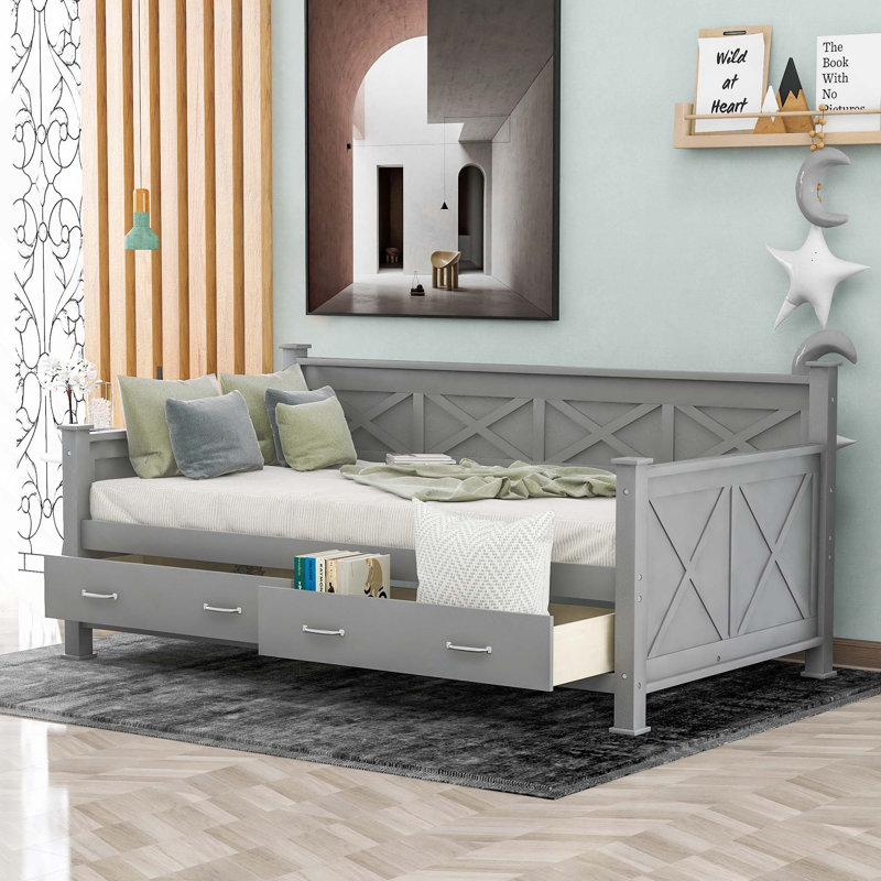 Lit de jour en bois moderne et rustique de style décontracté avec 2 tiroirs, Gris