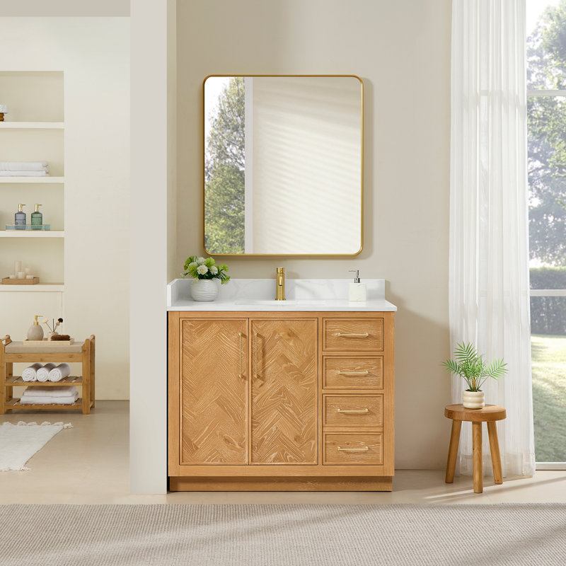 Carrasco 42" Single Bath Vanity in Oak Natural Brown with Silk White Quartz Stone Top, Brushed Gold, Oak Natural Brown