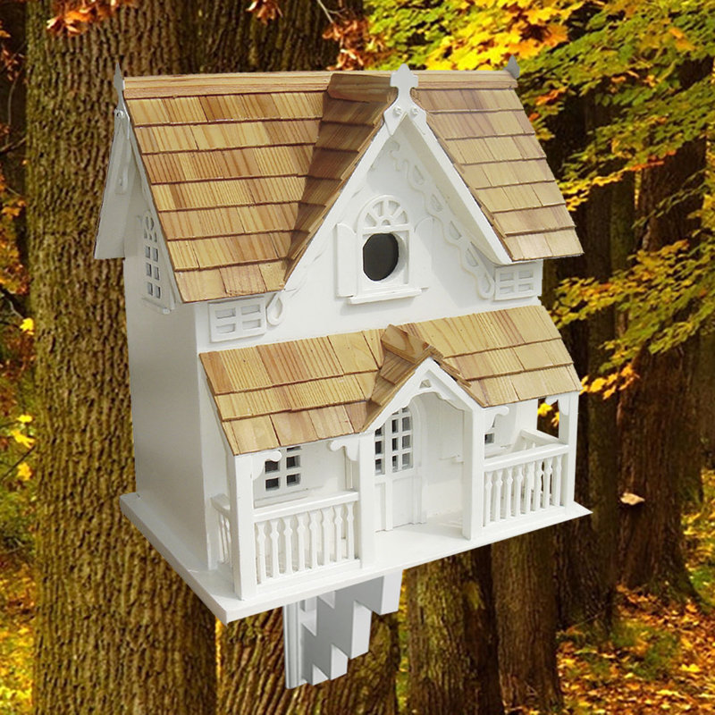 White and Natural Pine Gingerbread Cottage Birdhouse