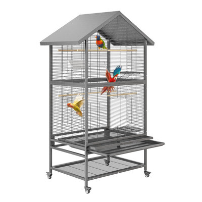 Grande cage à oiseaux 65,7 "sur support, volière mobile avec 4 perchoirs et bols pour conures, perruches et canaris