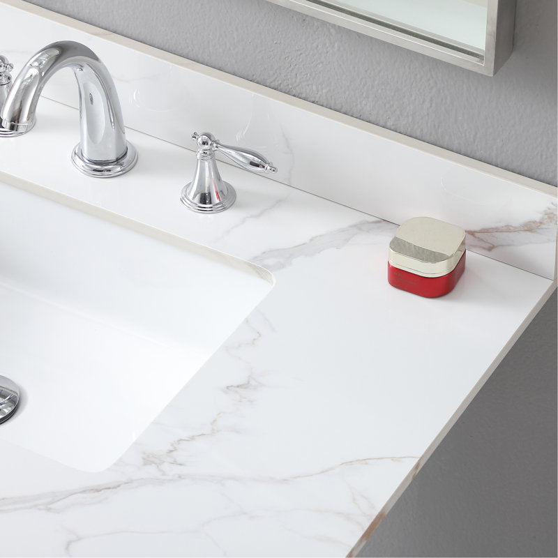 Dessus de meuble-lavabo de 37 po en pierre frittée dorée, lavabo en céramique rectangulaire, 3 trous de robinet + dosseret en pierre 37 po, lavabo rectangulaire, trous, avec inclus