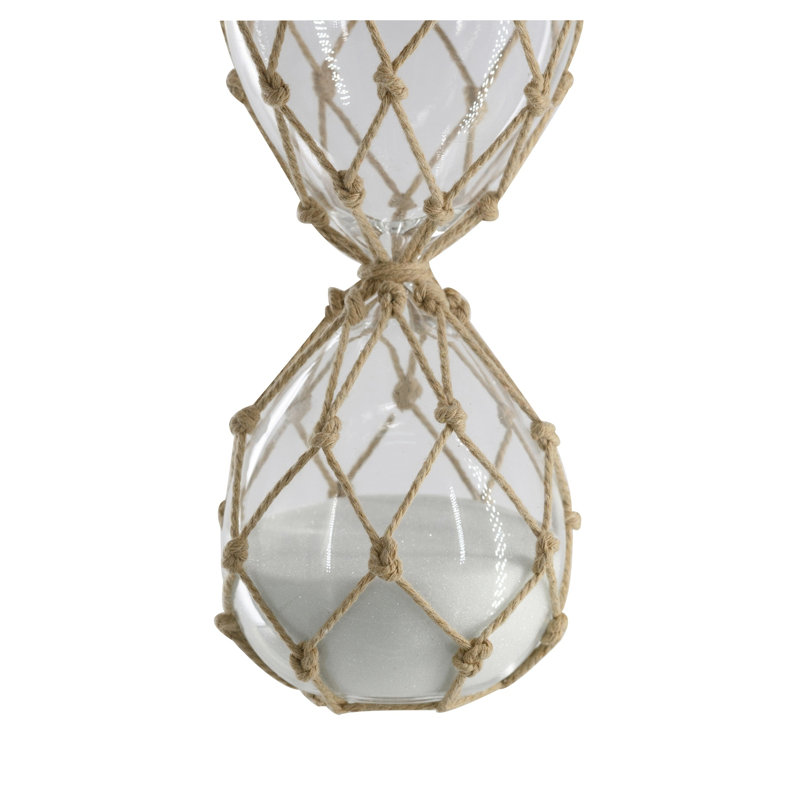 Minuterie transparente en forme de sablier 45 minutes avec sable blanc et filet de coton brun clair - 3,8 po x 10 po