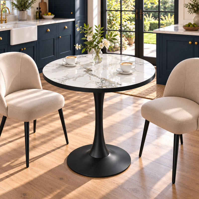 Round Marble Dining Table Mid-century Table With Metal Pedestal Base, Modern Leisure Table For Small Space Kitchen Dining Room, Easy Assembly, Waterproof Design
