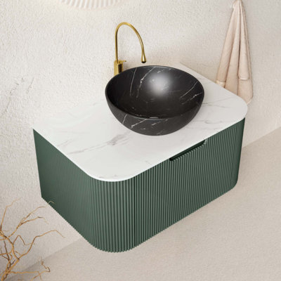 Meuble-lavabo de salle de bain, armoire de salle de bain en contreplaqué rayé à bordures flottantes avec tiroir, vasque en céramique et plateau en pierre frittée, pré-assemblé