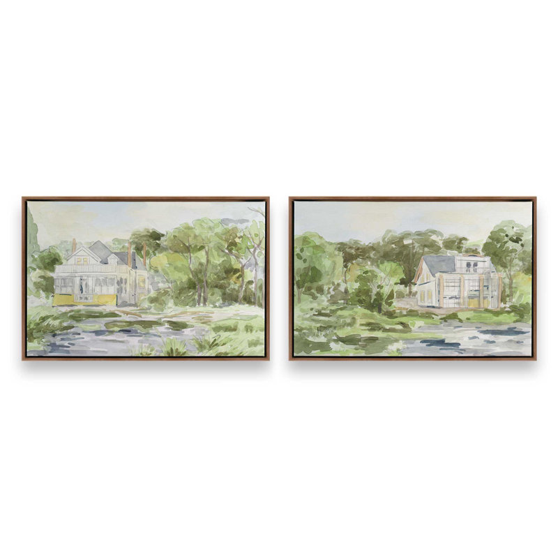 Cozy Green Escape, ensemble de 2 impressions, 30" x 20", Framed Canvas, Walnut