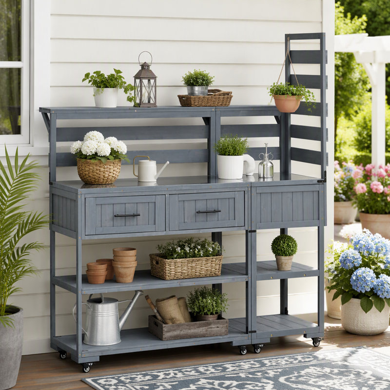 Îlot de cuisine de patio polyvalent avec plateau en acier inoxydable, 62.3"W, Gray