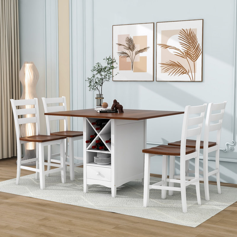 Ensemble de table de salle à manger 5 pièces à hauteur de comptoir en bois avec abattant, ensemble de cuisine avec support à vin et tiroirs